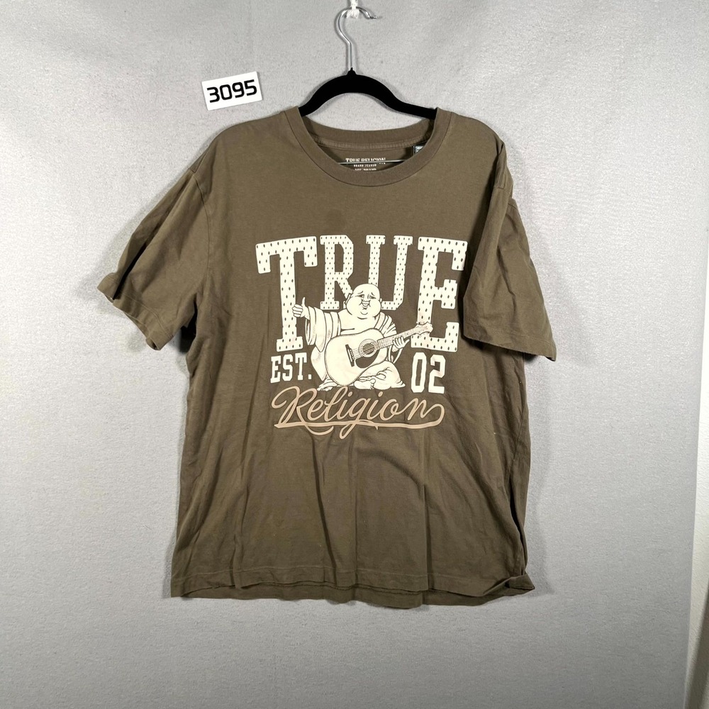 True Religion T‎ Shirt Mens XL Olive Green Logo Buddha Short Sleeve Pullover